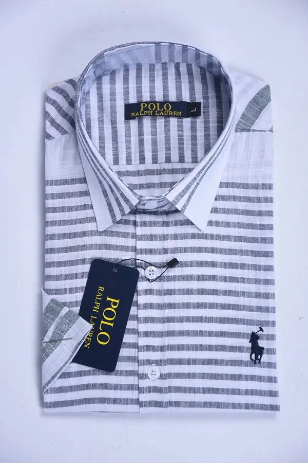 chemise Ralph lauren en Pur Lin Rayé demi manche Ref-RY0161X  (Gris & Vert )