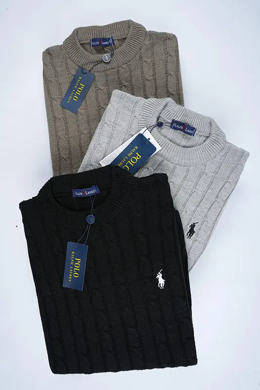 Pack 3 Pulls Ralph col rond en coton 100% ( Gris + Noir + Beige Foncé )