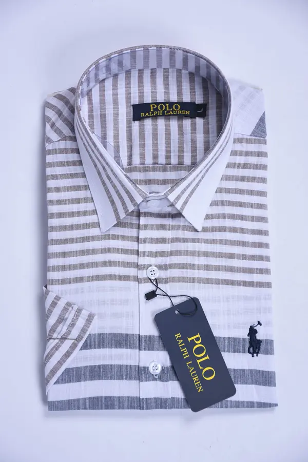 chemise Ralph lauren en Pur Lin Rayé demi manche Ref-RY0161X  (Beige & Gris )